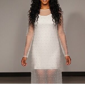 Sheer Pearl Embellished Maxi Dress Long Sleeve Tulle Gown Glam